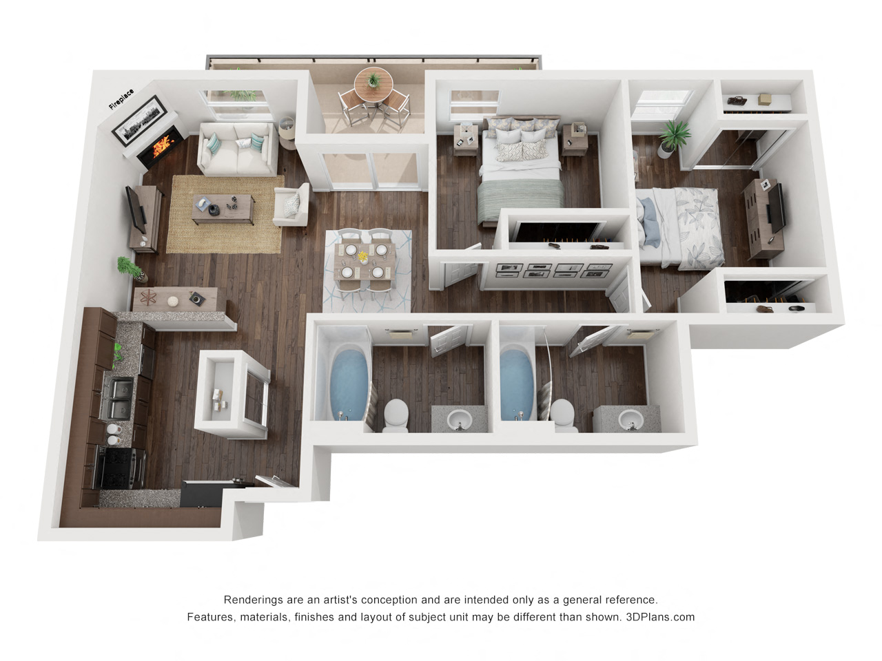 Floor plan for 2 beds, 2 baths, 1030 sqft